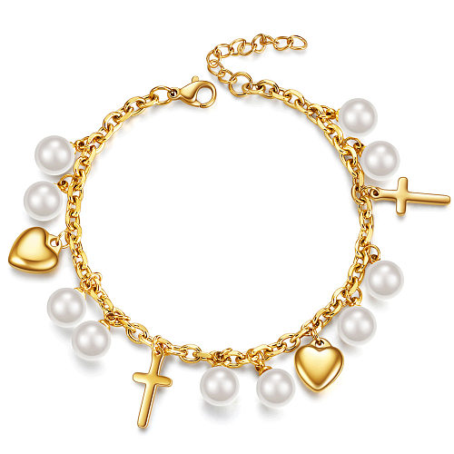 Nouveau Bracelet pendentif en acier titane croix coeur perle