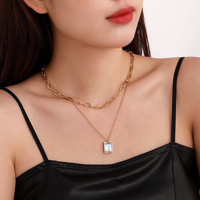 Fashion Square Stainless Steel  Plating Inlay Zircon 18K Gold Plated Double Layer Necklaces