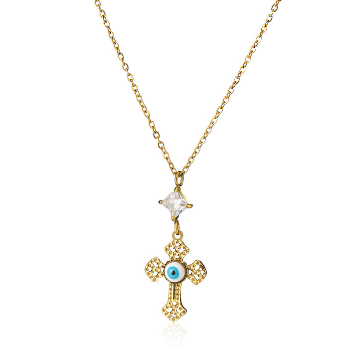 Casual Hip-Hop Cross Eye Stainless Steel  Plating Inlay Zircon 14K Gold Plated Pendant Necklace