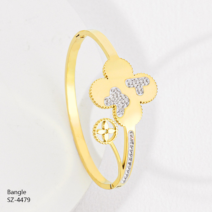 Simple Style Four Leaf Clover Eye Stainless Steel Epoxy Plating Inlay Rhinestones Rose Gold Plated Gold Plated Silver Plated Bangle