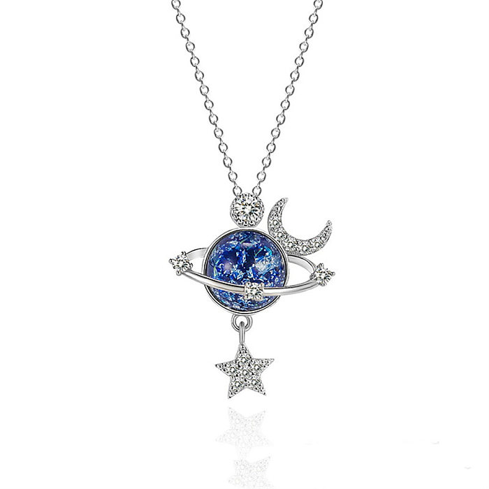 Collier élégant avec pendentif en diamant artificiel, étoile et lune, en acier inoxydable, placage de cuivre, incrustation de diamant artificiel