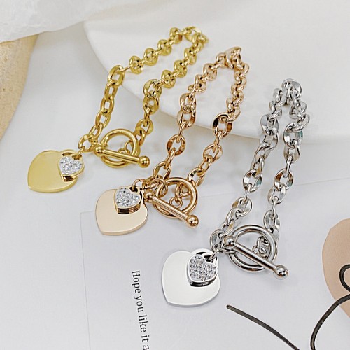 Sweet Heart Shape Stainless Steel Toggle Plating Inlay Rhinestones Rose Gold Plated Gold Plated Bracelets
