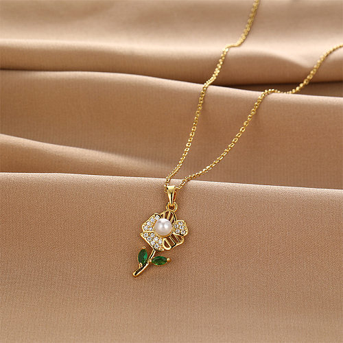 Simple Style Flower Stainless Steel Copper Inlay Zircon Pendant Necklace