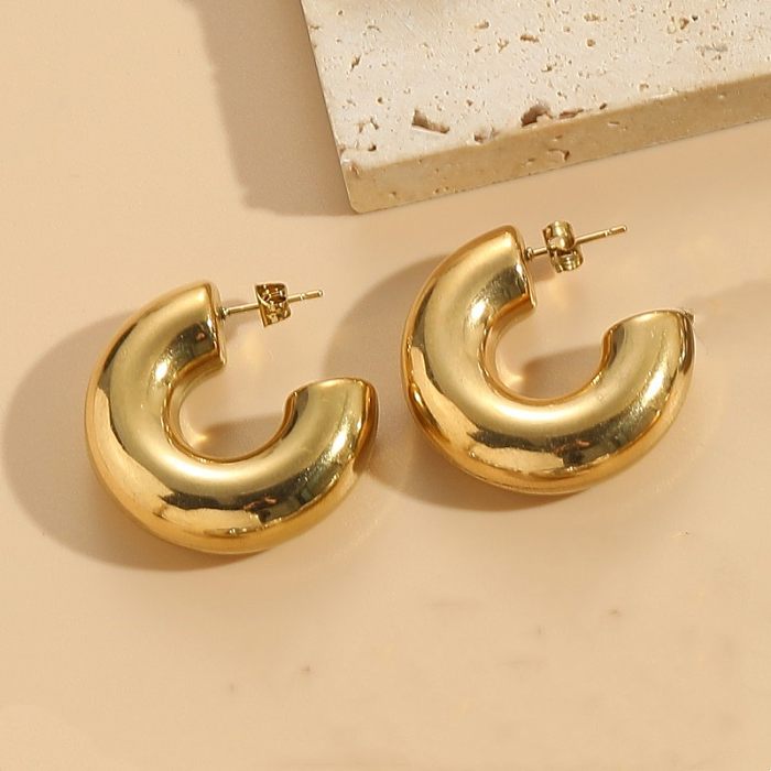 1 Pair Elegant Luxurious Classic Style C Shape Round Solid Color Plating Stainless Steel 14K Gold Plated Earrings