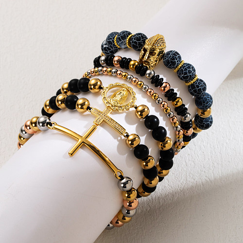 Wholesale INS Style Human Cross Stainless Steel Stone Gold Plated Artificial Gemstones Bracelets
