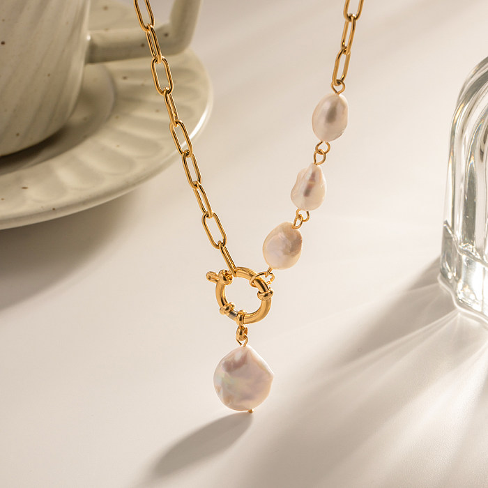 1 Stück modische unregelmäßige Edelstahl-Anhänger-Halskette mit barocken Perlen