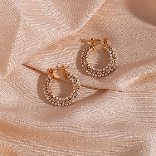 Boucles d'oreilles créoles en Zircon, incrustation géométrique en acier inoxydable, perles artificielles, 1 paire