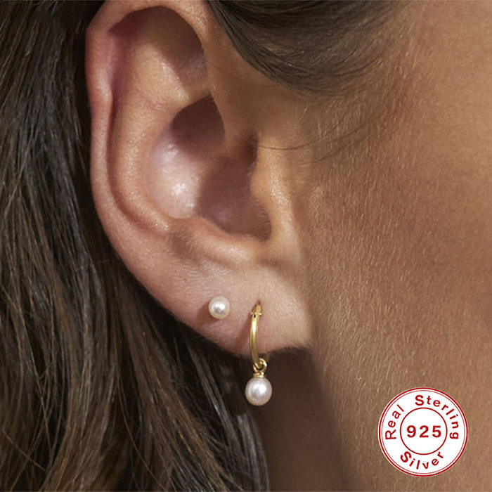 1 paire de boucles d'oreilles géométriques en argent Sterling avec incrustation de perles et de Zircon