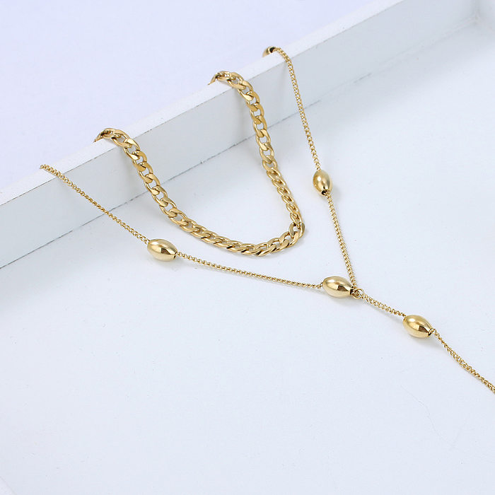 Collier Double couche de perles en acier inoxydable, en forme de Y, à la mode, vente en gros de bijoux