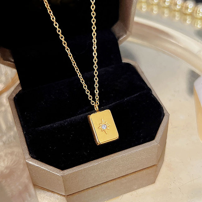 Modern Style Square Stainless Steel Inlay Zircon Pendant Necklace