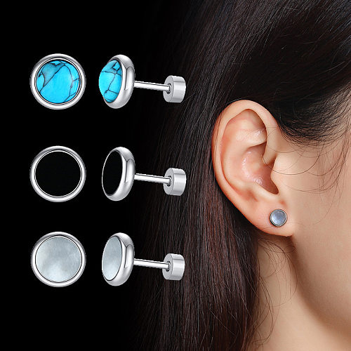 Simple Style Round Stainless Steel  Inlay Turquoise Ear Studs 1 Pair