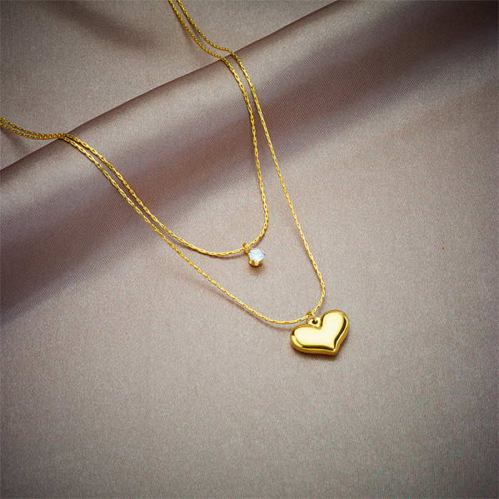 Colares em camadas de strass banhados a ouro em formato de coração básico de aço inoxidável 1 peça