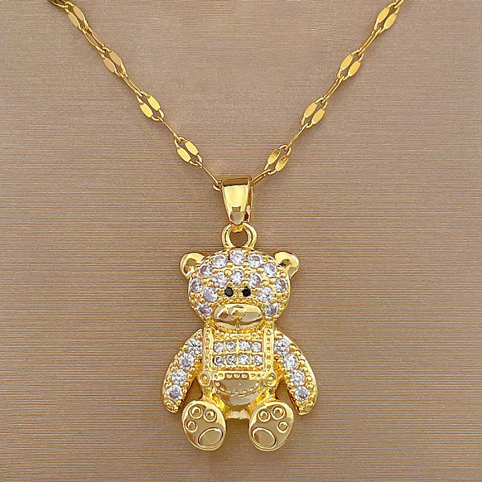 Cute Modern Style Bear Stainless Steel  Copper Inlay Zircon Pendant Necklace