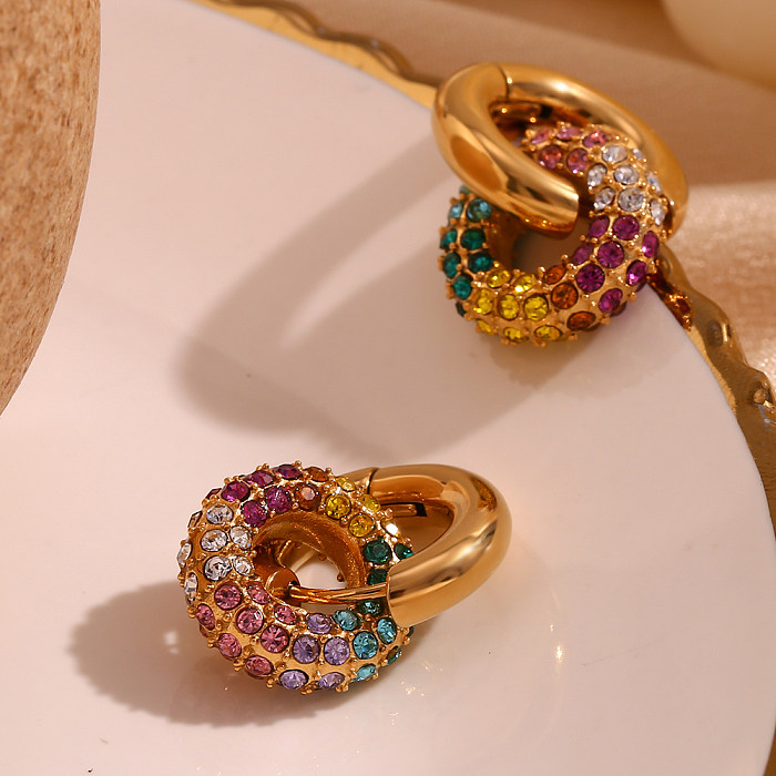 1 paire de boucles d'oreilles pendantes plaquées or 18 carats, Style Simple, classique, incrustation multicolore, strass en acier inoxydable