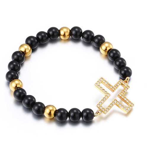 Bracelet de perles en acier inoxydable européen et de beauté, Bracelet élastique rétro avec croix creuse