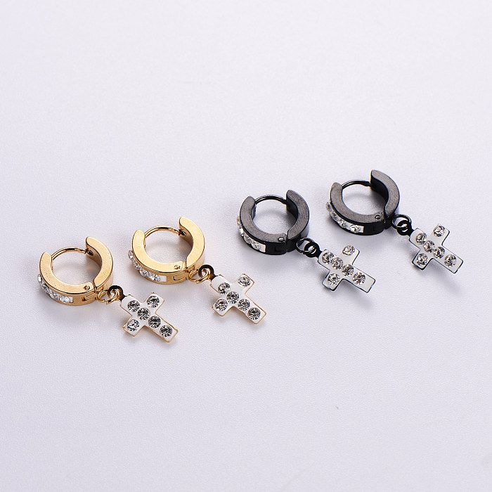 12 Pairs Casual Streetwear Cross Plating Inlay Stainless Steel  Artificial Diamond 18K Gold Plated Drop Earrings