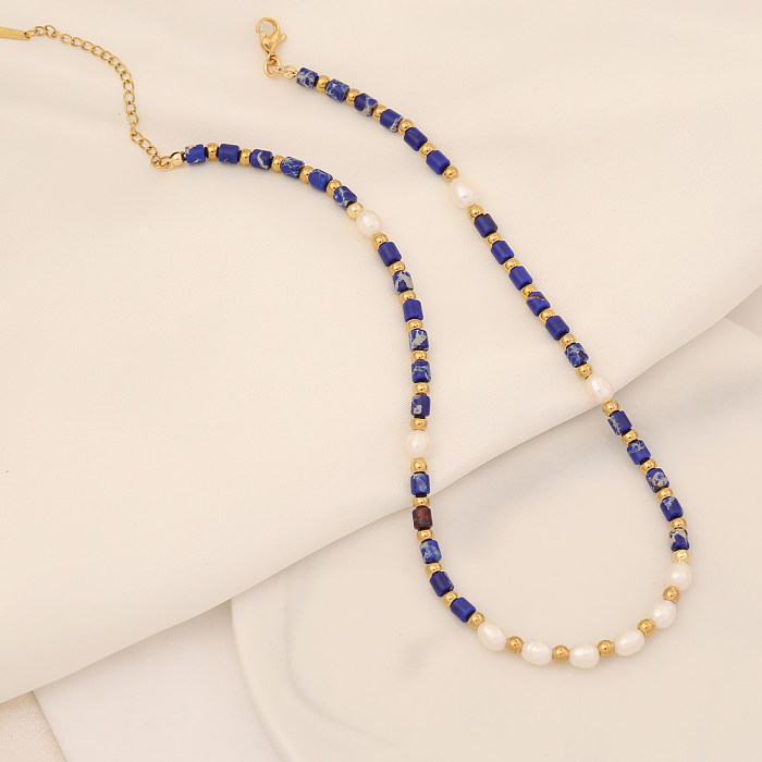 Mode geometrische Edelstahl Perlen Perle handgemachte Patchwork Naturstein Halskette 1 Stück