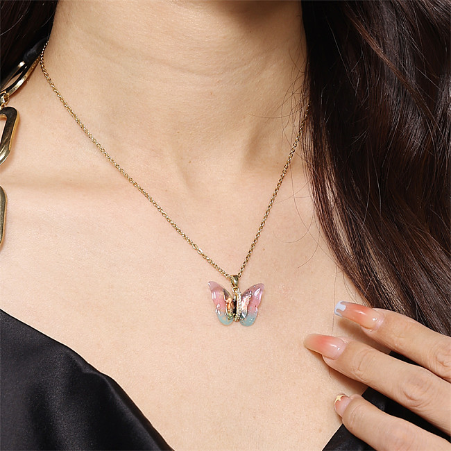 Elegant Commute Butterfly Stainless Steel  Brass 18K Gold Plated Pendant Necklace In Bulk