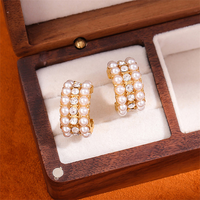 1 paire de clous d'oreilles plaqués or 18 carats, Style rétro Simple, en forme de C, placage rond en acier inoxydable, Imitation de perle