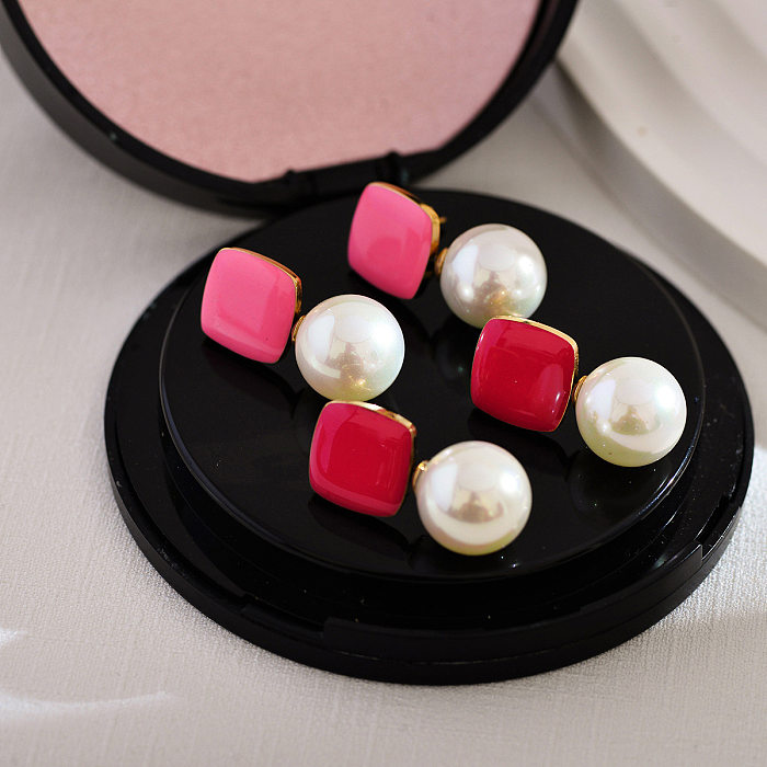 1 Paar einfache quadratische Emaille-Inlay-Ohrringe aus Edelstahl mit künstlichen Perlen