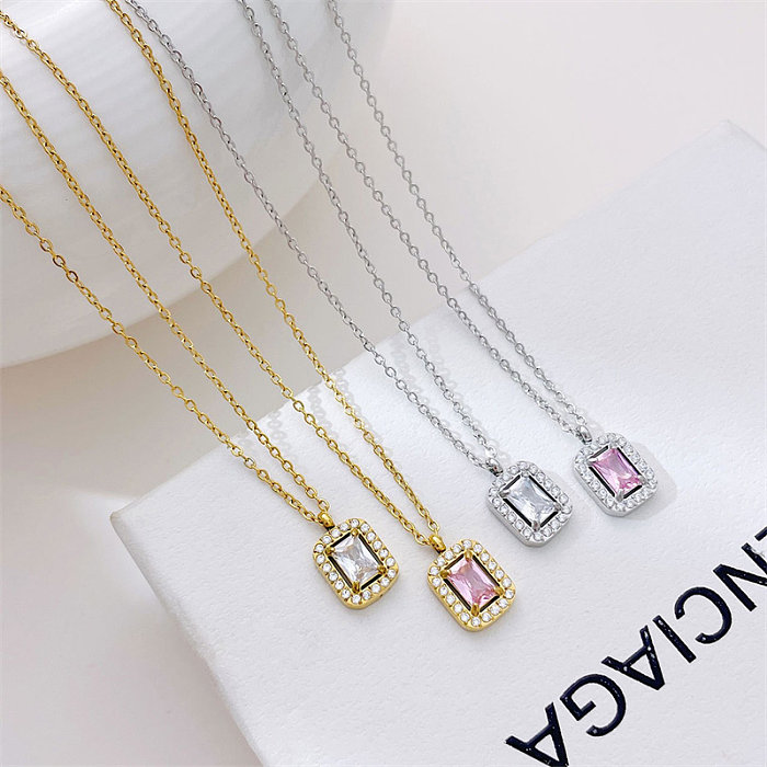Simple Style Rectangle Stainless Steel  Plating Inlay Zircon White Gold Plated Gold Plated Pendant Necklace
