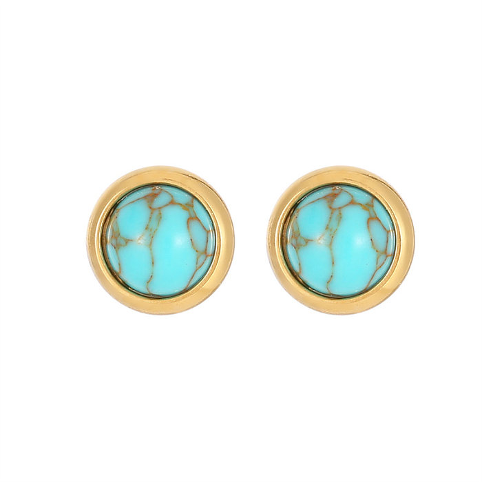 1 Pair Classic Style Round Texture Inlay Stainless Steel  Turquoise Ear Studs
