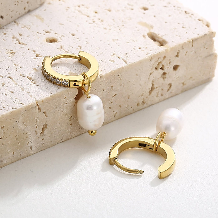 1 paire de boucles d'oreilles pendantes en acier inoxydable, Style Streetwear de Style moderne, incrustation de perles géométriques et strass