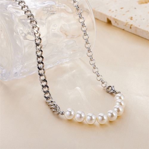 Casual Hip-Hop Vintage Style Round Stainless Steel  Freshwater Pearl Beaded Patchwork Necklace