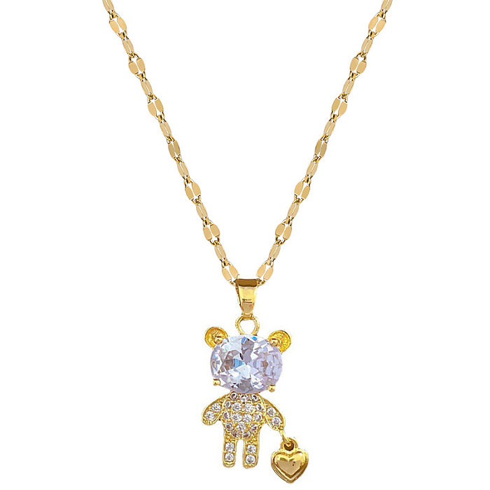 Cartoon Style Bear Heart Shape Stainless Steel Copper Inlay Rhinestones Pendant Necklace