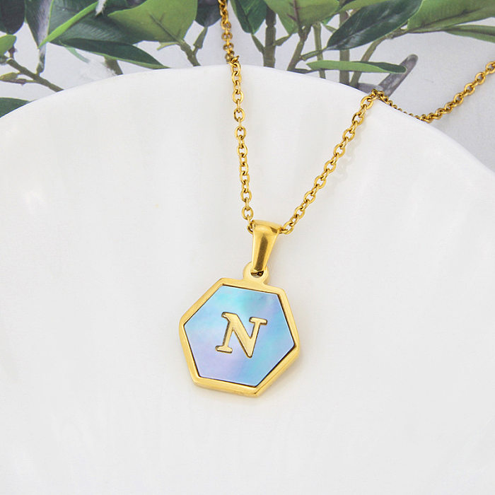 Wholesalejewelry Fashion Hexagonal Blue Shell 26 Letter Pendant Stainless Steel  Necklace jewelry