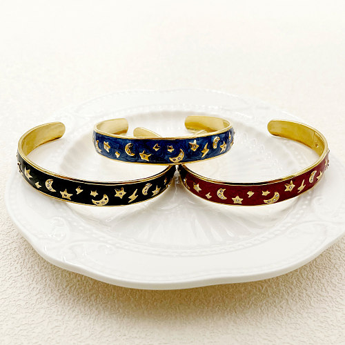 British Style Commute Star Moon Stainless Steel Enamel Plating Inlay Rhinestones Gold Plated Bangle