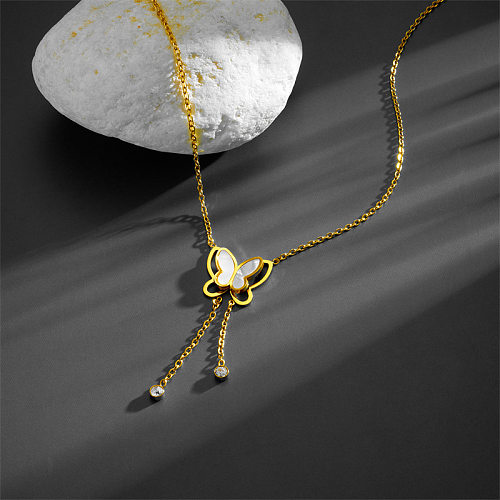 Sexy Butterfly Stainless Steel Plating Inlay Rhinestones Shell 18K Gold Plated Necklace