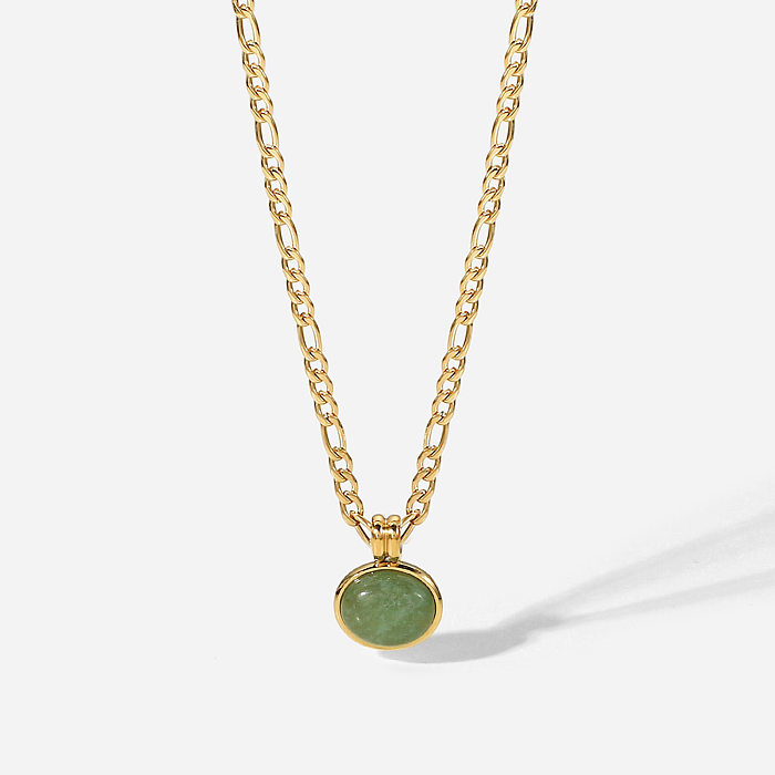 14K Green Aventurine Jade Round Pendant Figaro Chain Stainless Steel  Necklace