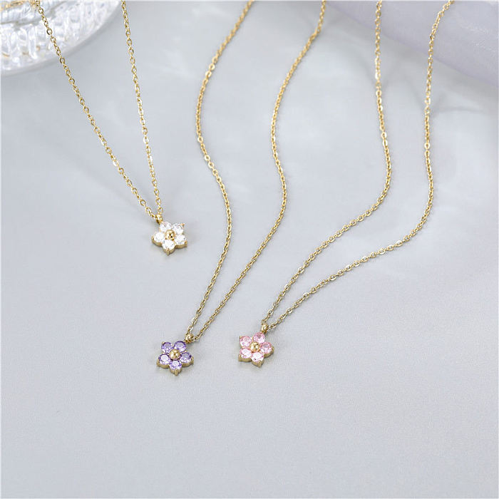 Wholesale Sweet Flower Stainless Steel  Artificial Crystal Pendant Necklace
