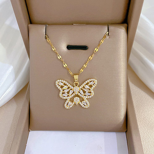 Fashion Butterfly Stainless Steel  Copper Plating Zircon Pendant Necklace