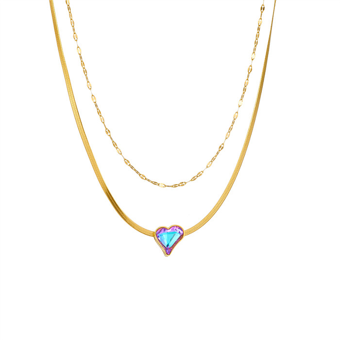 IG Style Sweet Heart Shape Stainless Steel Inlay Zircon 18K Gold Plated Layered Necklaces