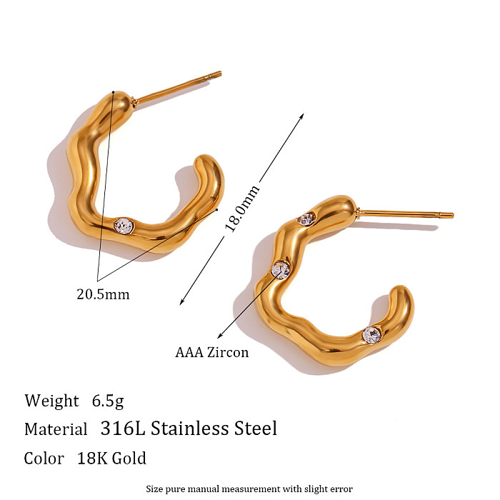 1 Pair Simple Style C Shape Irregular Stainless Steel  Plating Inlay Zircon 18K Gold Plated Ear Studs