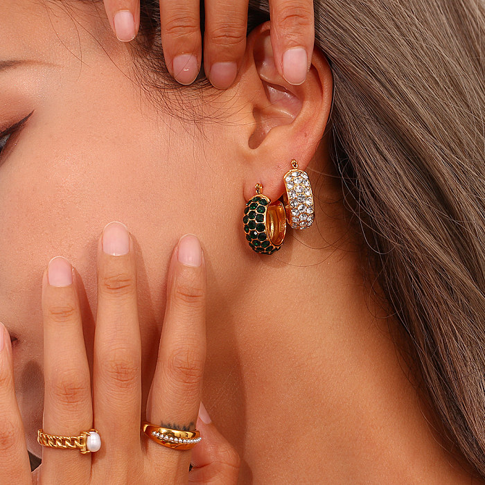 Boucles d'oreilles rondes brillantes en acier inoxydable avec incrustation de strass plaqué or 18 carats pour femmes