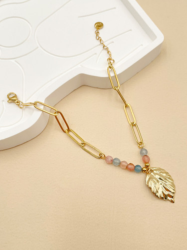 Französischer Stil, modernes Blatt-Edelstahl-Armband mit Perlenbeschichtung, vergoldet