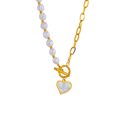 Modische herzförmige Edelstahl-Perlenüberzug-Inlay-Perlen-Muschel-Anhänger-Halskette, 1 Stück