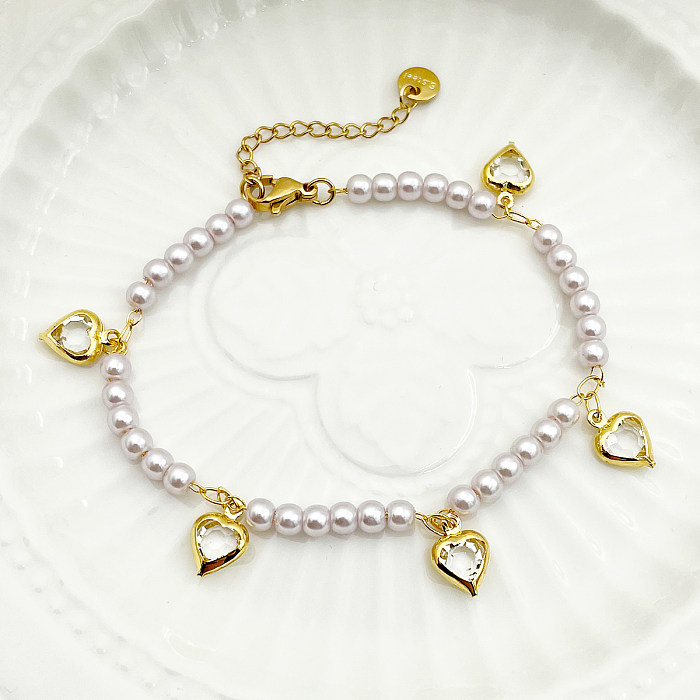 Elegant Romantic Heart Shape Stainless Steel Artificial Pearl Charm Plating Inlay Diamond Gold Plated Bracelets