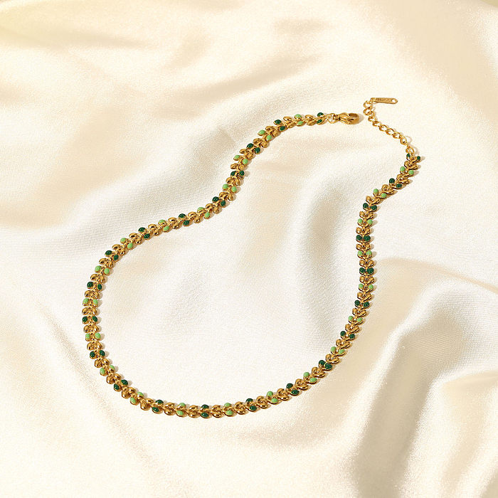Modische Damen-Edelstahl-Halskette aus 18-karätigem Gold mit grünen Tropfen und Olivenblättern