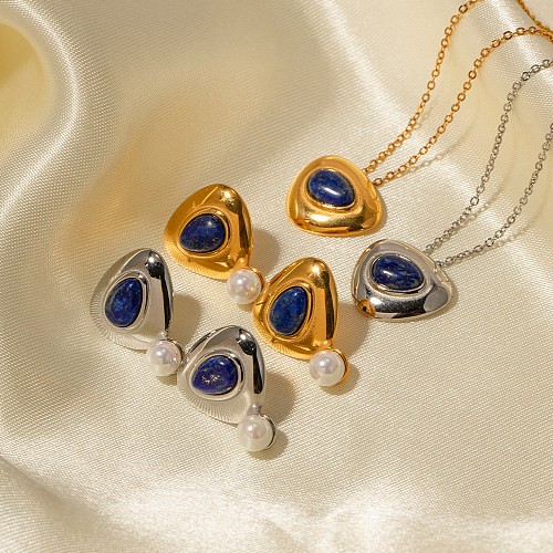 1 Paar lässige, elegante, dreieckig plattierte Ohrstecker aus Edelstahl mit künstlichen Perlen, Lapislazuli und 18 Karat vergoldet