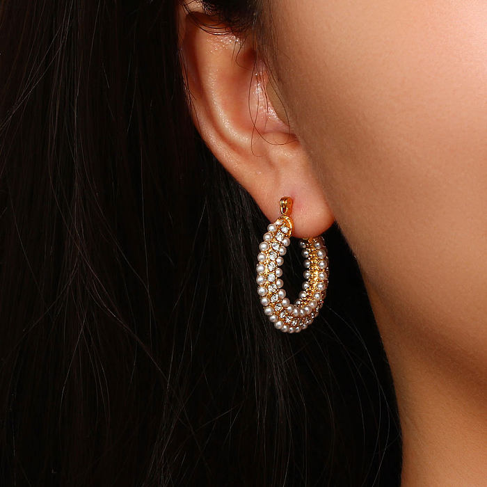 Fashion U Shape Stainless Steel  Plating Inlay Pearl Zircon Hoop Earrings 1 Pair