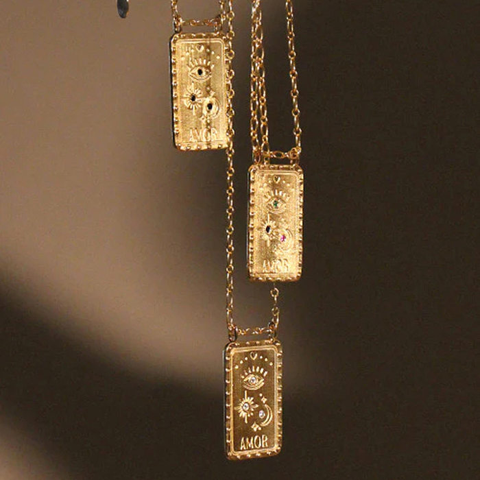 Lässige Retro-Anhänger-Halskette mit Stern- und Mondauge, Edelstahl-Beschichtung, Inlay-Zirkon, 18 Karat vergoldet