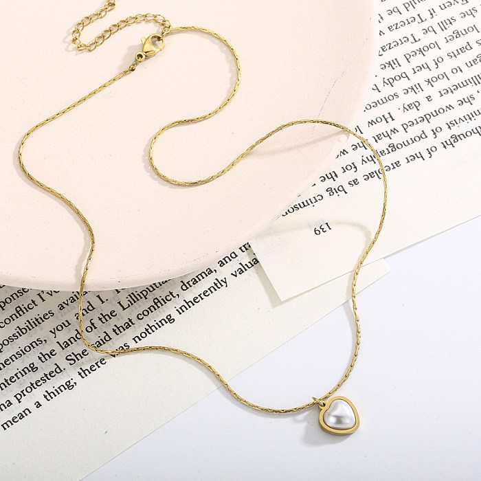 Collier avec pendentif en perles, Style Simple et doux, couleur unie, placage en acier inoxydable, incrustation de perles