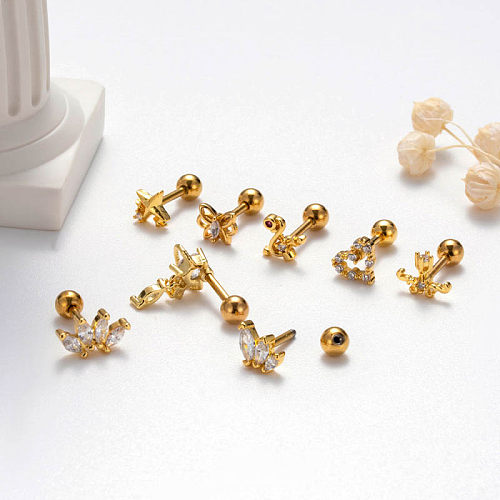 Pendientes de cartílago chapados en oro de 1K con incrustaciones de mariposa en forma de corazón, estilo Simple y dulce, 18 pieza