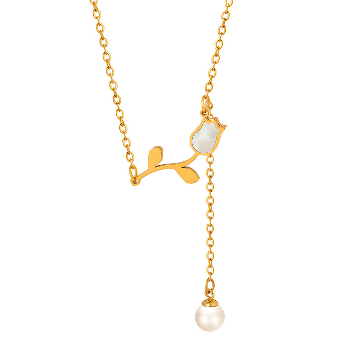 Casual Baroque Style Flower Imitation Pearl Shell Stainless Steel Plating 18K Gold Plated Pendant Necklace