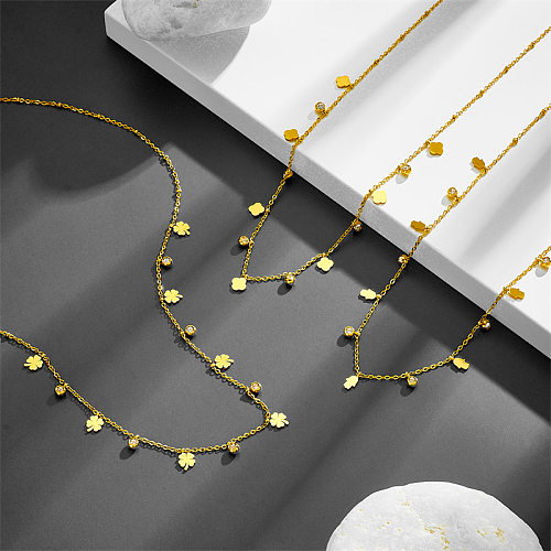 Elegant Simple Style Four Leaf Clover Hand Of Fatima Stainless Steel Plating Inlay Zircon Necklace