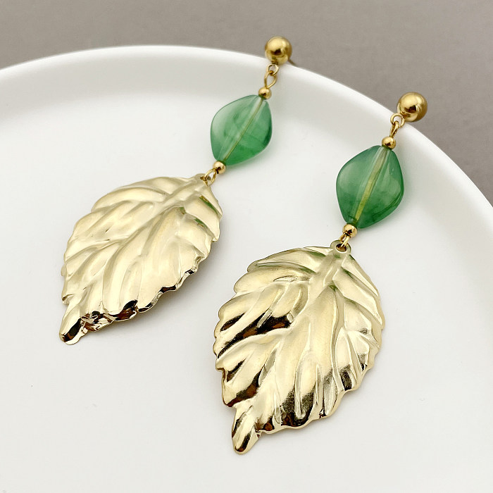 1 Paar elegante Blätter-Ohrhänger aus Edelstahl mit Kristallbeschichtung und 14-Karat-Vergoldung